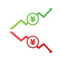 Colorful yen yuan currency up and down sign icon on green and red badge banner. Vector illustration. Royalty Free Stock Photo